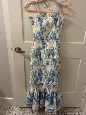 V. Chapman Cream and Blue Floral Tiered Maxi Dress